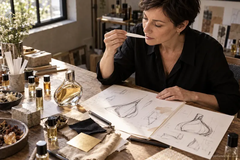 Flacon et matières de création sur le plan de travail d’un atelier