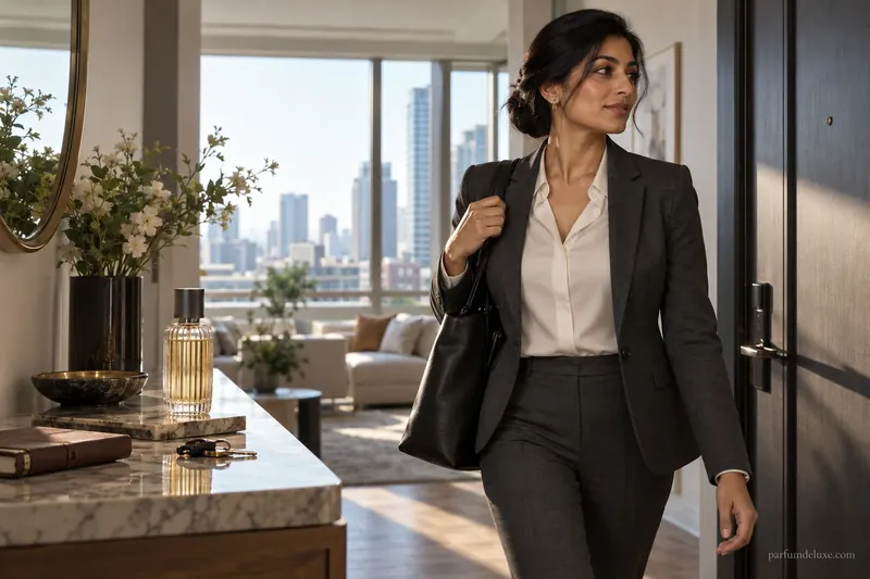 Femme prête à sortir, près d’un parfum posé sur une console.