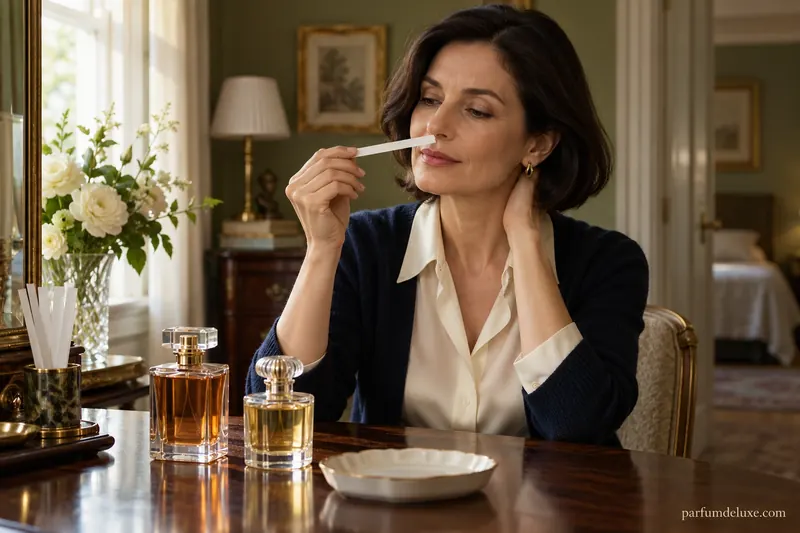 Femme à l’allure classique accompagnée d’un flacon de parfum.