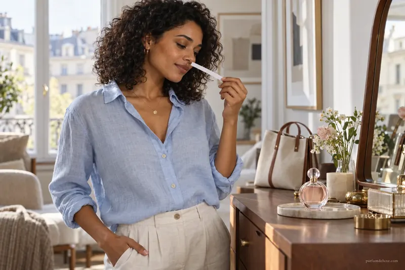 A young woman discovering a fragrance in a bright scene.