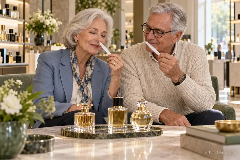 An older couple discovering fragrances together on blotter strips.